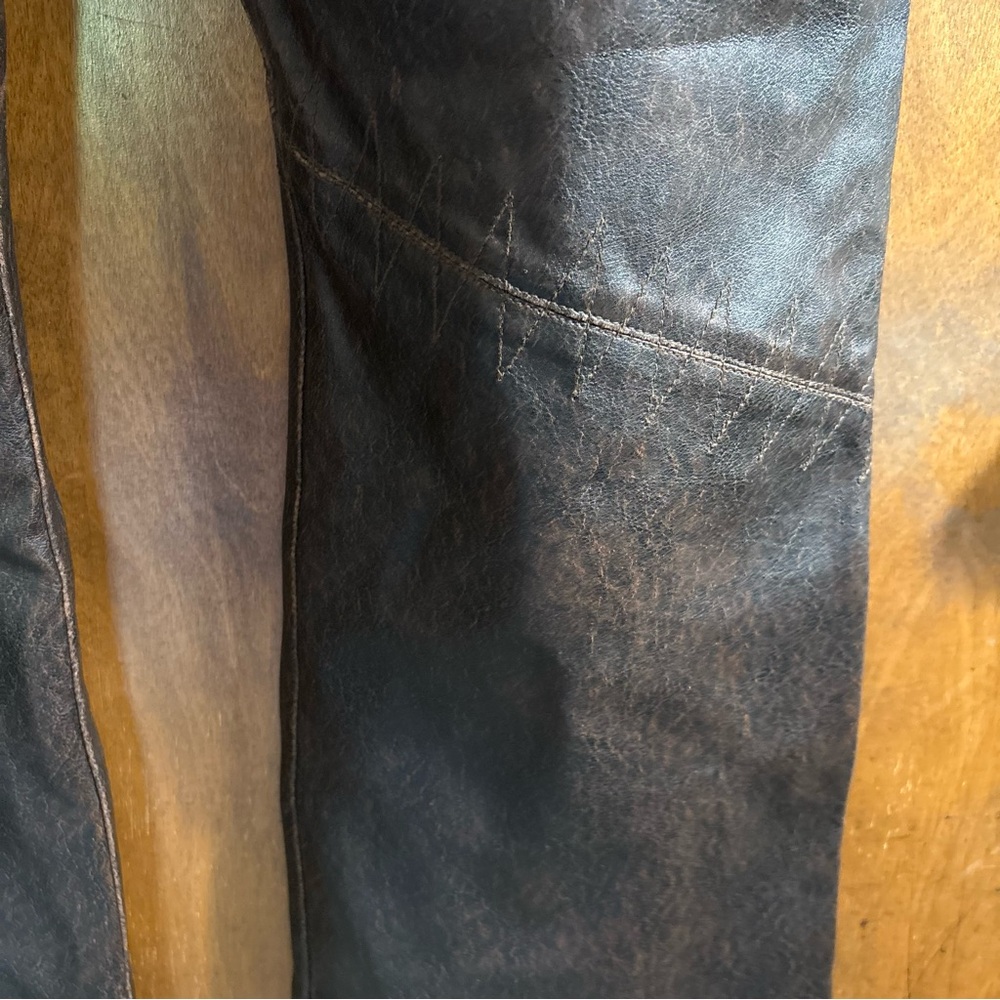 VINTAGE Chocolate Brown Patchwork Low Rise Faux Leather Flare Pants Y2K Goth 90s - Picture 12 of 16